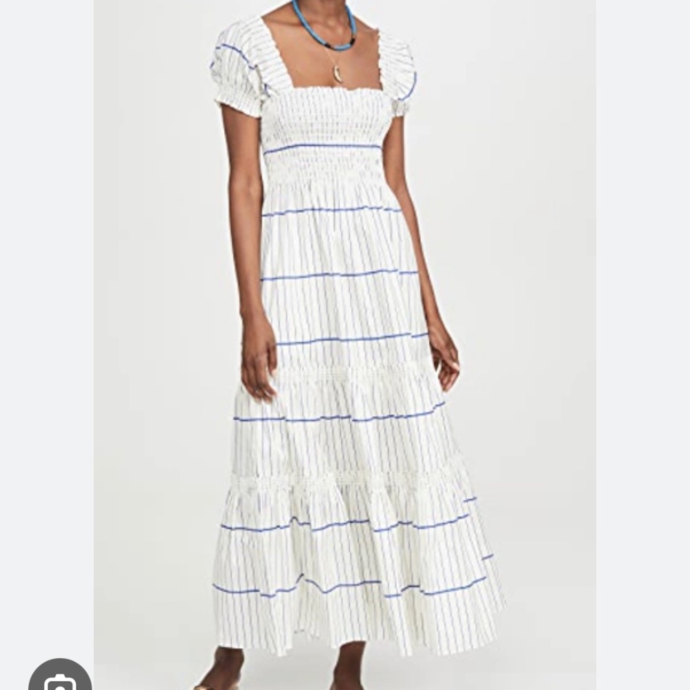 Tory Burch white and blue check tiered smocked midi length dress size medium